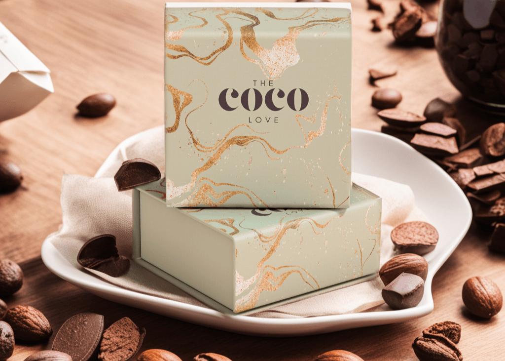 A box of The Coco Love Indian dark chocolate is placed in a white plate and is decorated with dark chocolate, nuts and Indian cocoa beans.